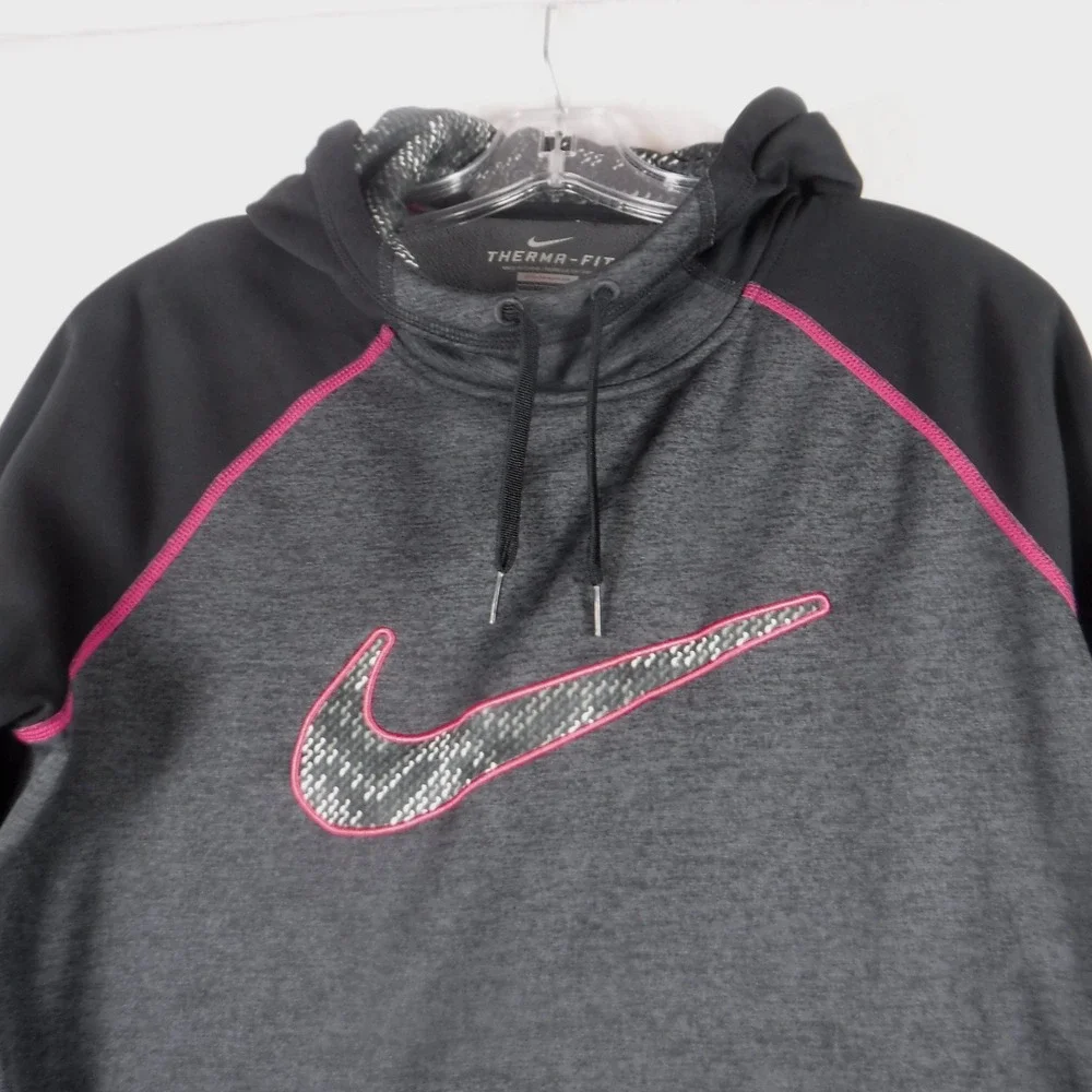 Nike Therma Fit Pullover Hoodie Women L Black Gray Pink Swoosh Logo Thumb Holes